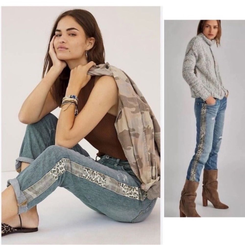 Pilcro & The Letterpress Slim Boyfriend Jeans Animal Print Camo Tuxedo Stripe‎
